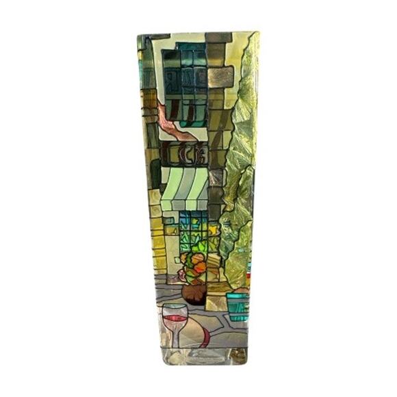 Vintage Joan Baker Stained Glass French Cafe 10”Rectangular Vase - Picture 5 of 10